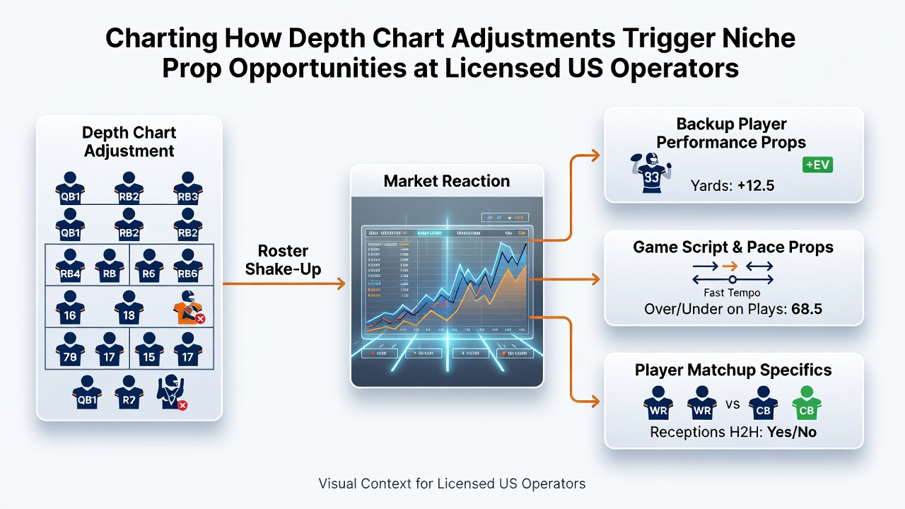 Sportsbook trader reviewing updated NFL depth charts and adjusting prop bet lines on a trading terminal