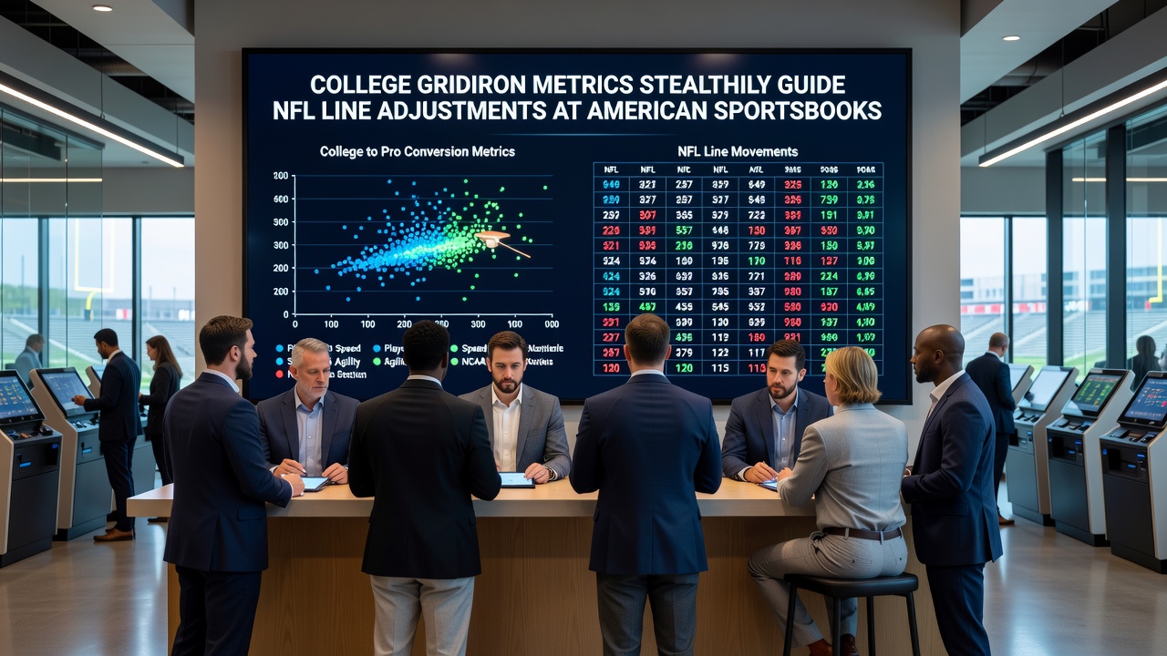 Sportsbook betting board displaying NFL lines with subtle adjustments influenced by college football performance metrics
