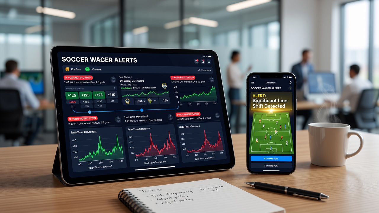 Bettors reviewing soccer match statistics alongside dynamic betting line changes on mobile devices