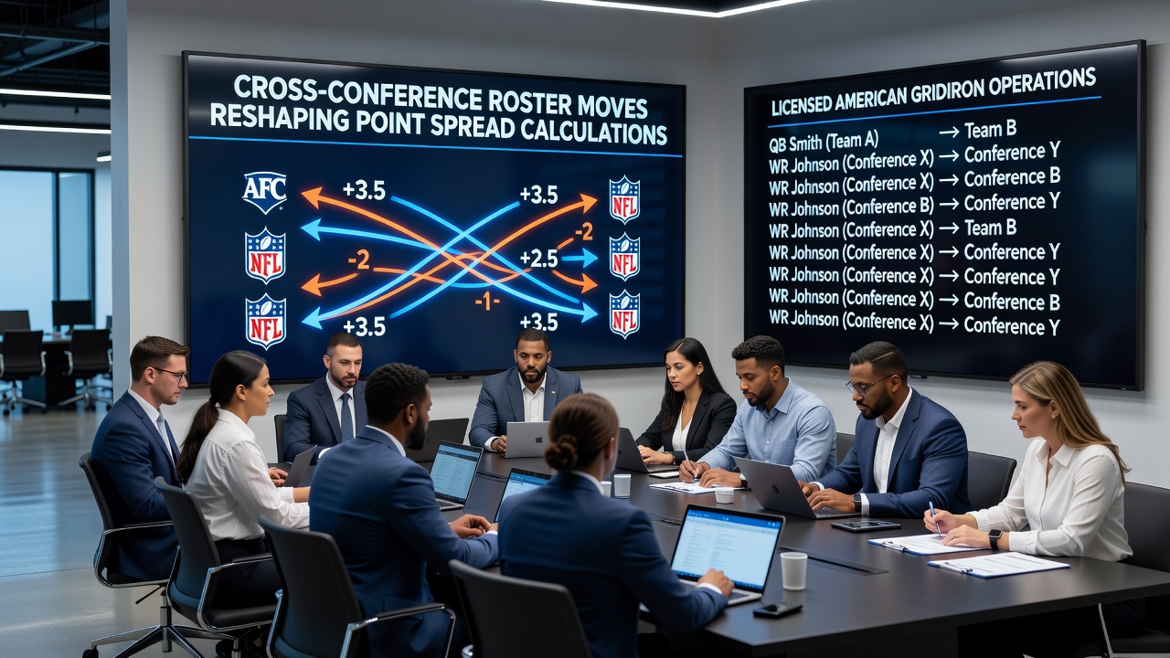 Sportsbook analysts reviewing updated NFL point spread models after cross-conference player trades