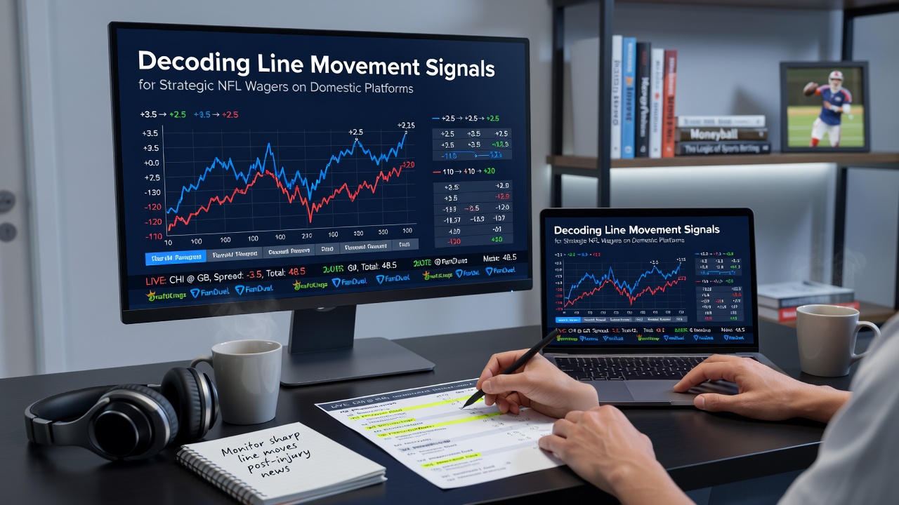 Analyst reviewing NFL odds movement charts on multiple screens showing sharp action indicators