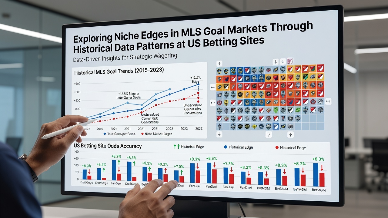 Data visualization charts showing MLS historical goal patterns and betting market trends