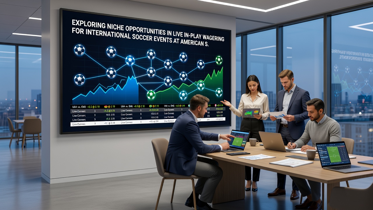 Bettors reviewing live soccer statistics on mobile devices at a US sportsbook during an international match
