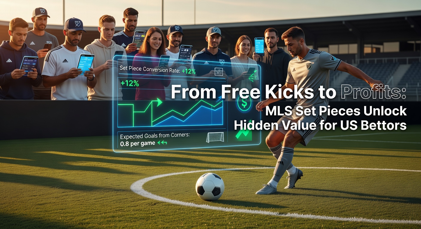 Graph showing MLS set piece goal percentages rising over seasons, with team logos and betting odds overlays