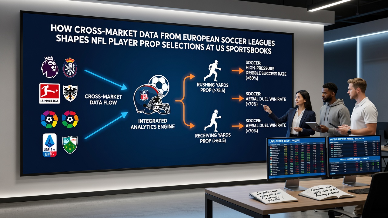 Sportsbook analysts reviewing European soccer metrics alongside NFL player prop charts