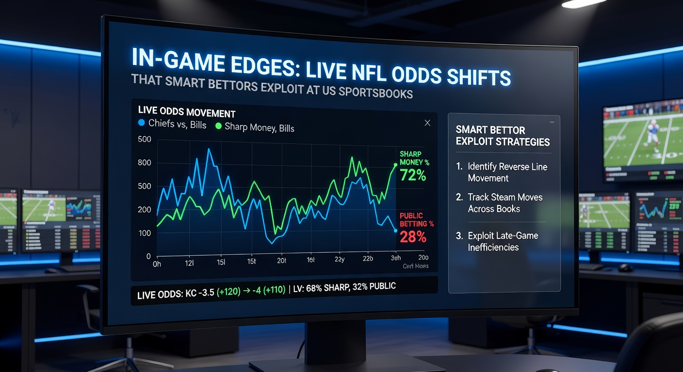 Graph illustrating real-time NFL odds movements on spreads and totals during a live game, highlighting key shift moments