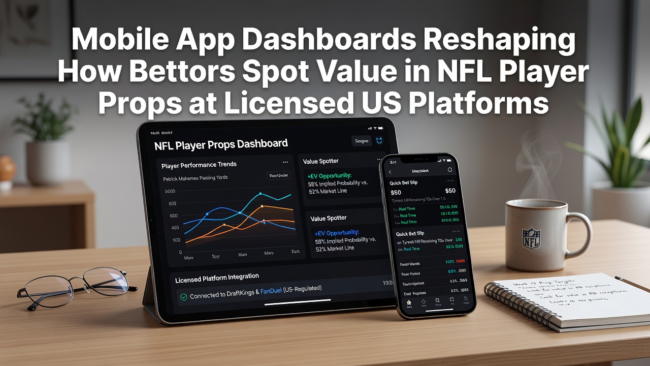 Bettors reviewing NFL prop value indicators on tablet and smartphone dashboards