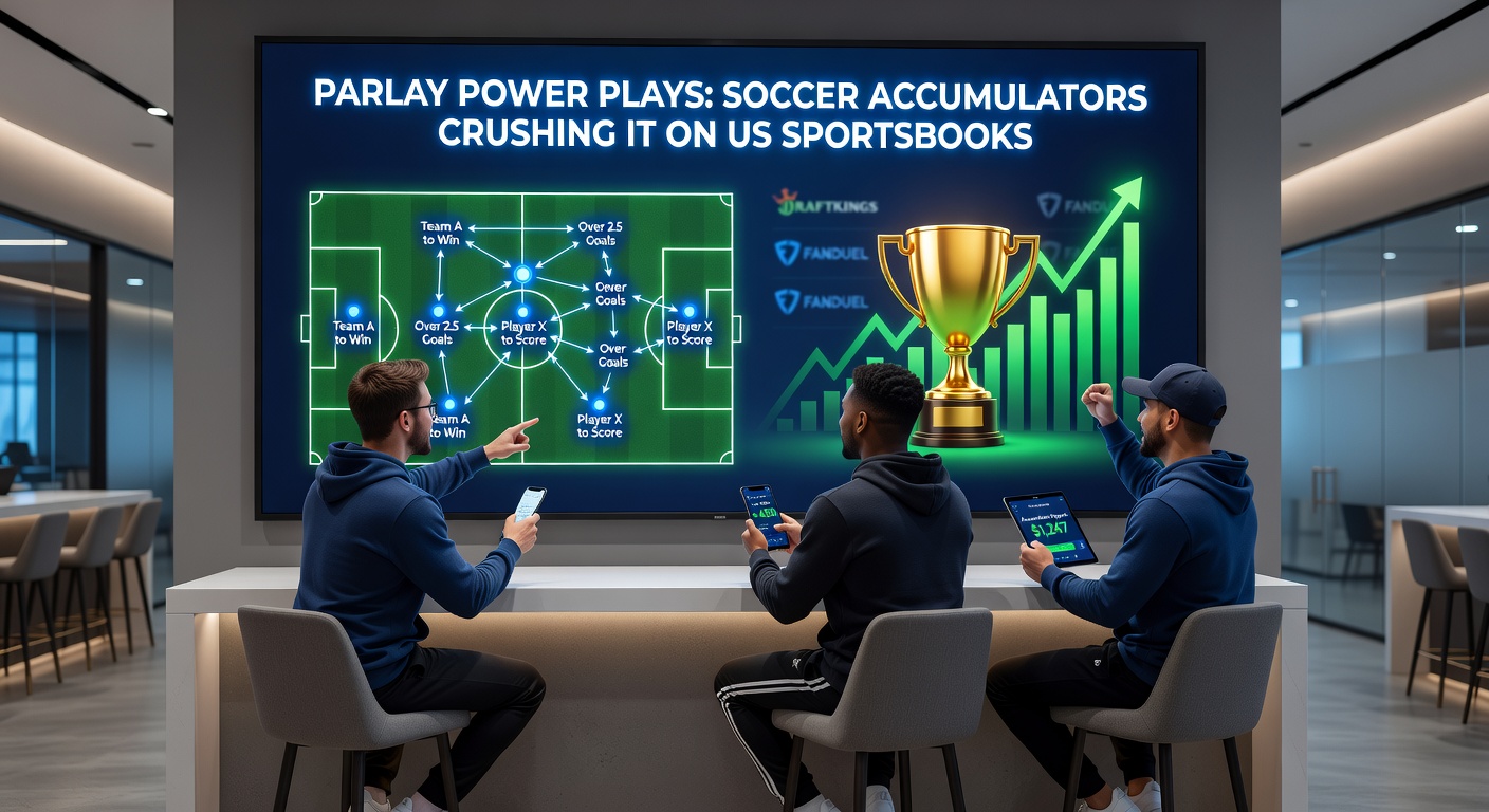 Dynamic graphic showing a successful soccer parlay payout screen on a US sportsbook app, with stacked odds and winning legs highlighted
