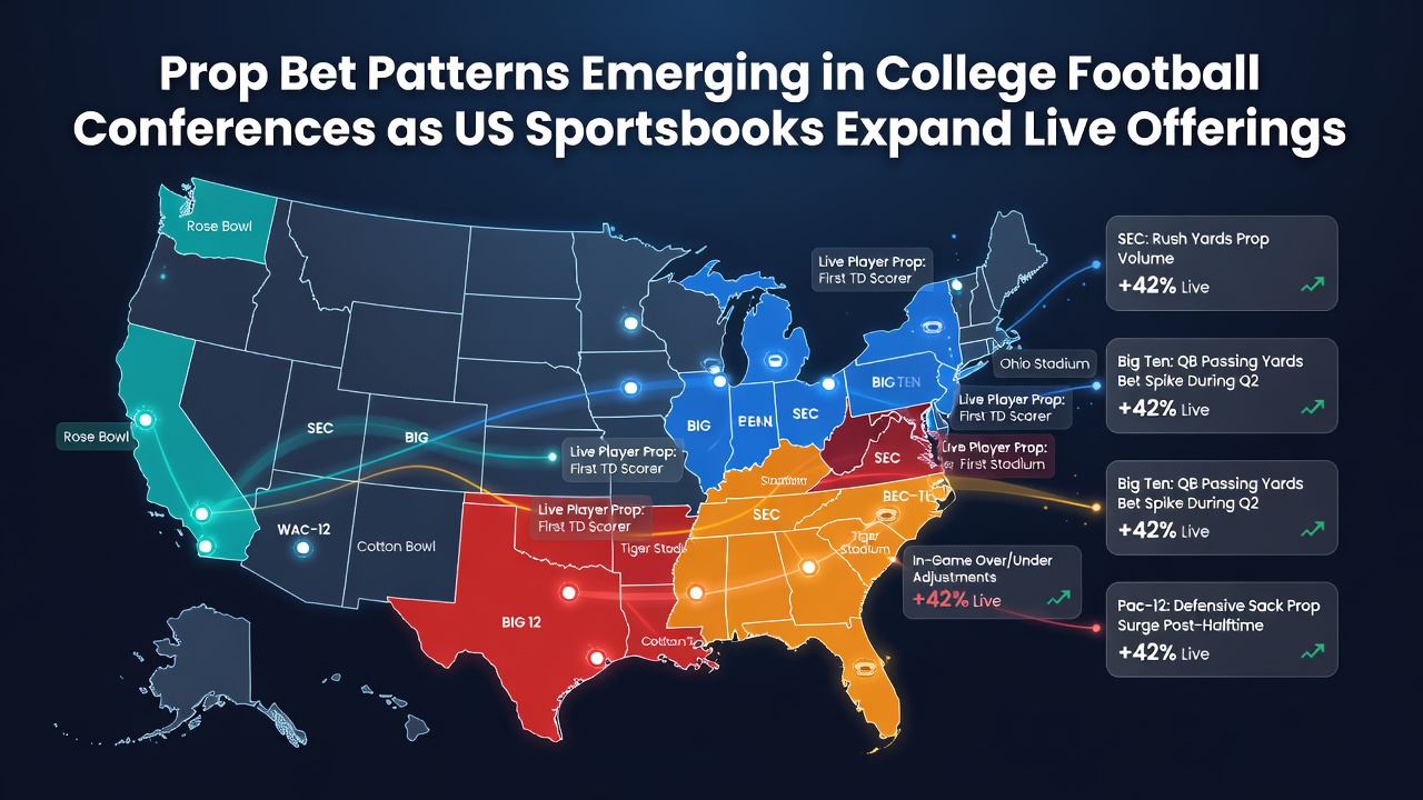 Sportsbook interface displaying live college football prop bets with conference logos and real-time odds updates