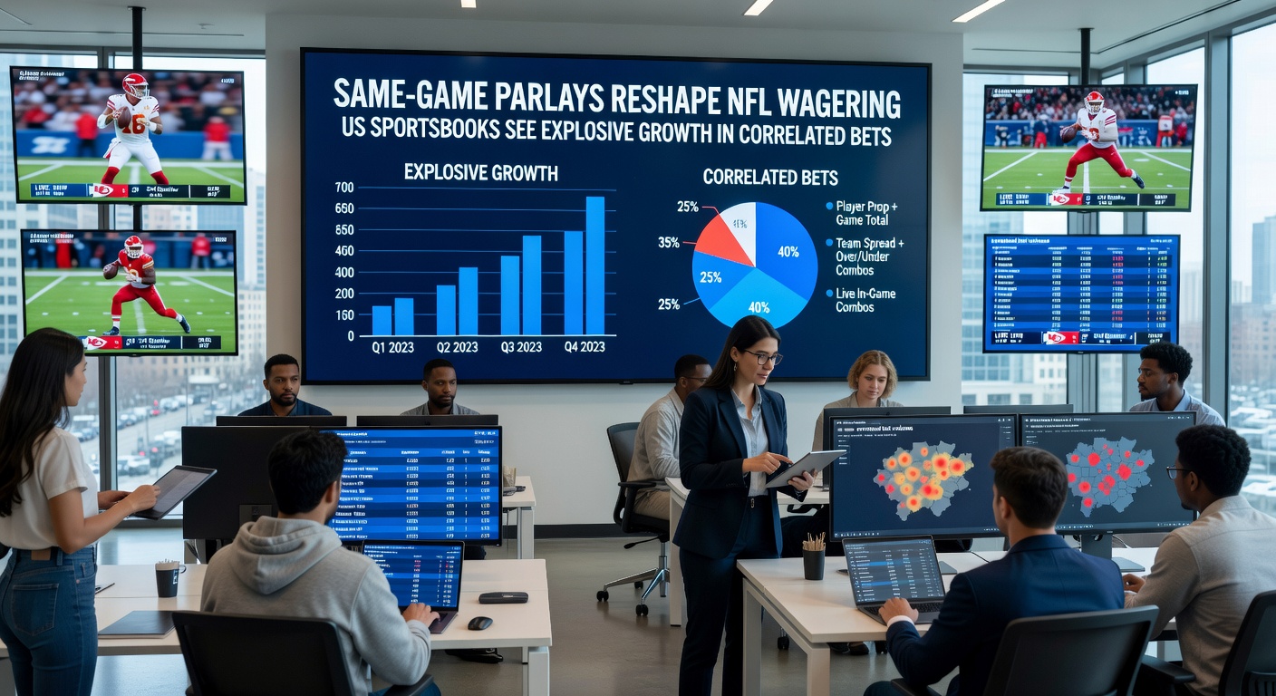 Graph charting explosive year-over-year growth in NFL same-game parlay handle at major US sportsbooks, with peaks during playoffs and Super Bowl