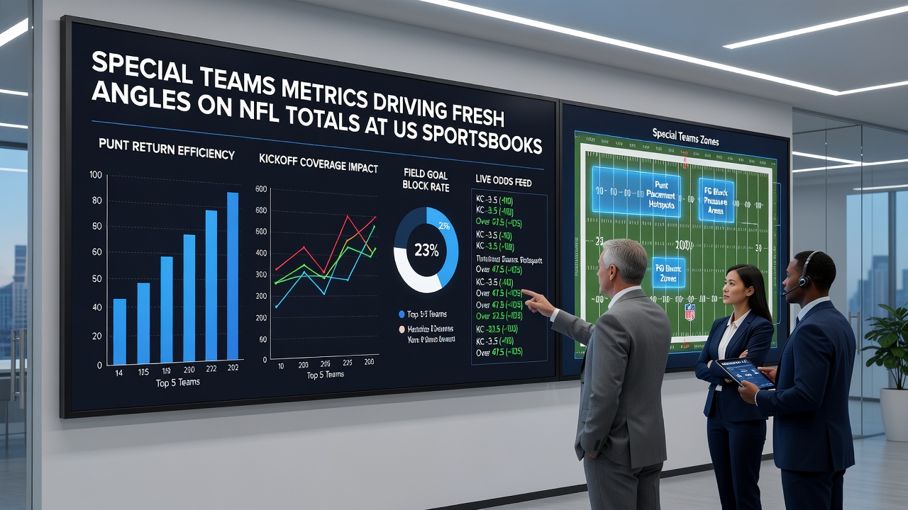 NFL special teams coordinator reviewing punt return statistics on a tablet with coaching staff