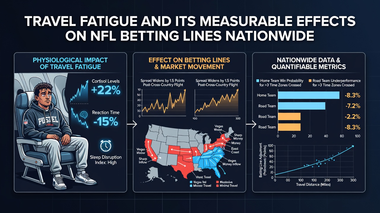 Betting line movement graphs showing travel fatigue impacts on NFL spreads and totals
