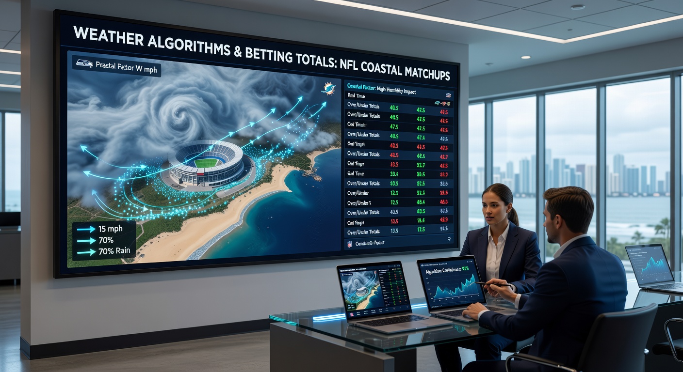 Bettors reviewing algorithmic weather forecasts for NFL totals decisions at coastal stadiums
